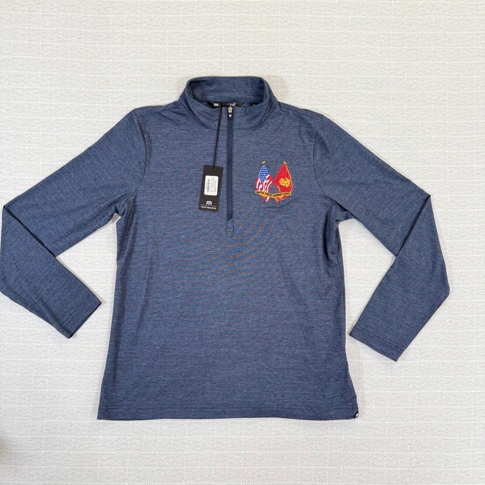 TravisMathew USMC Crestview 1/4 Zip Pullover Vintage Indigo Heath M